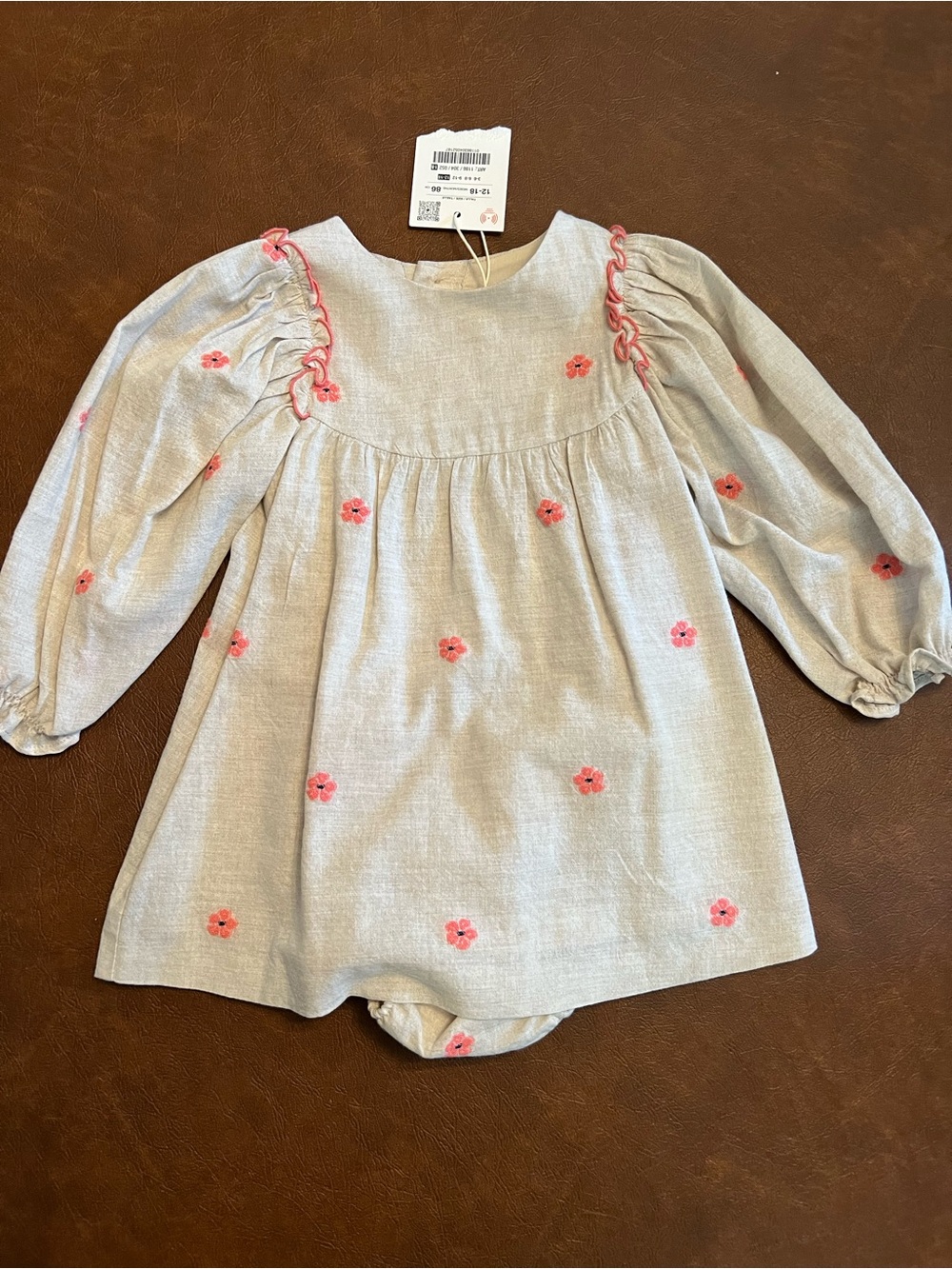 Zara Cream and Pink Floral Embroidered Dress 12-18M NWT
